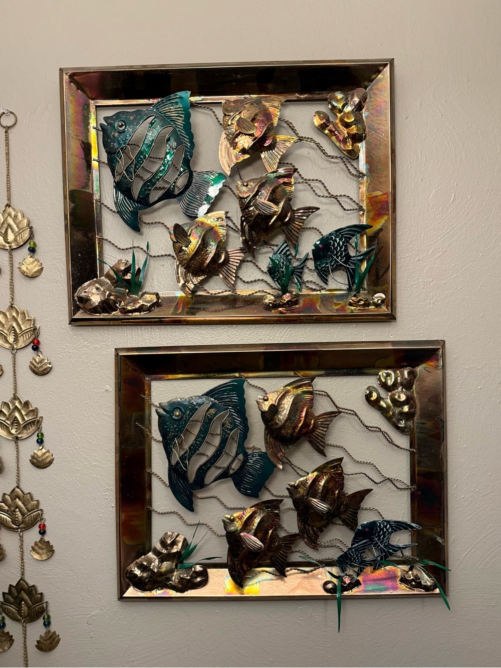 Vintage MCM Brutalist Copper & Brass Seascape Sculpture 3D Wall Art Set Of 2